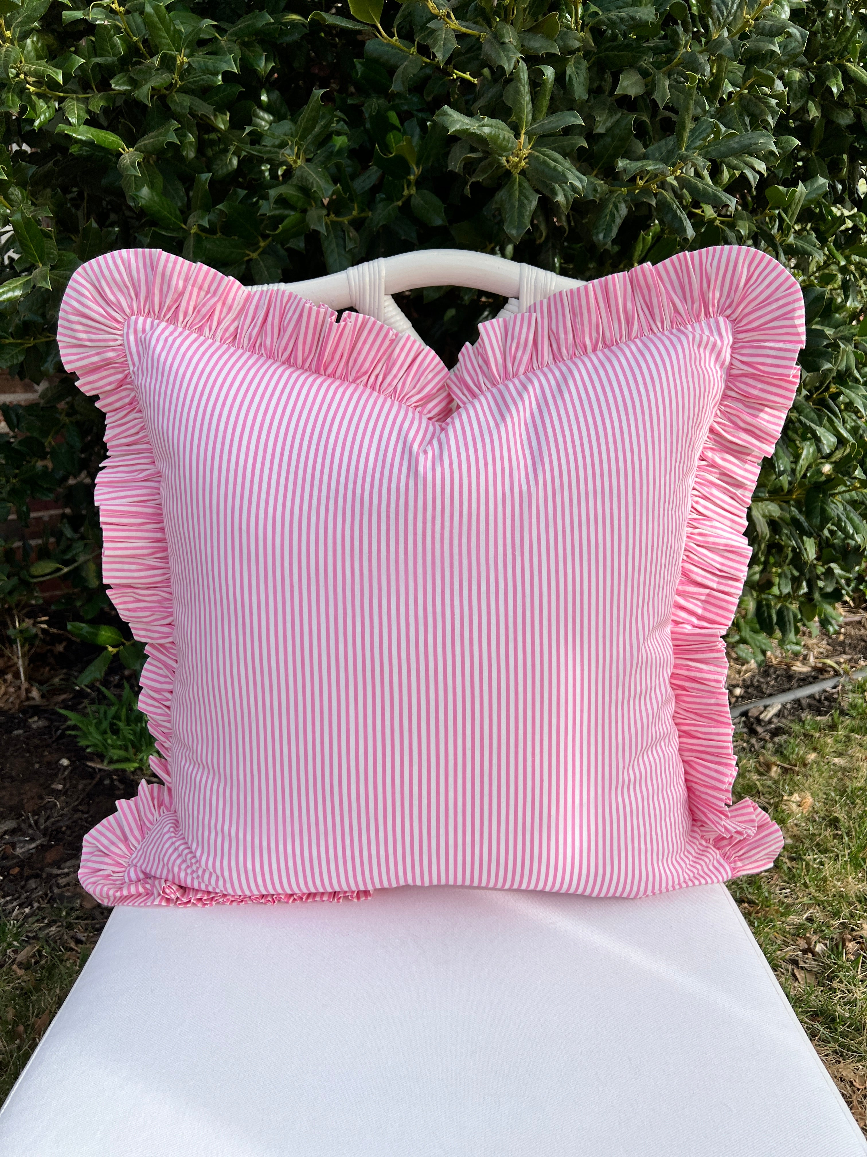 Pink striped ruffle pillow cover