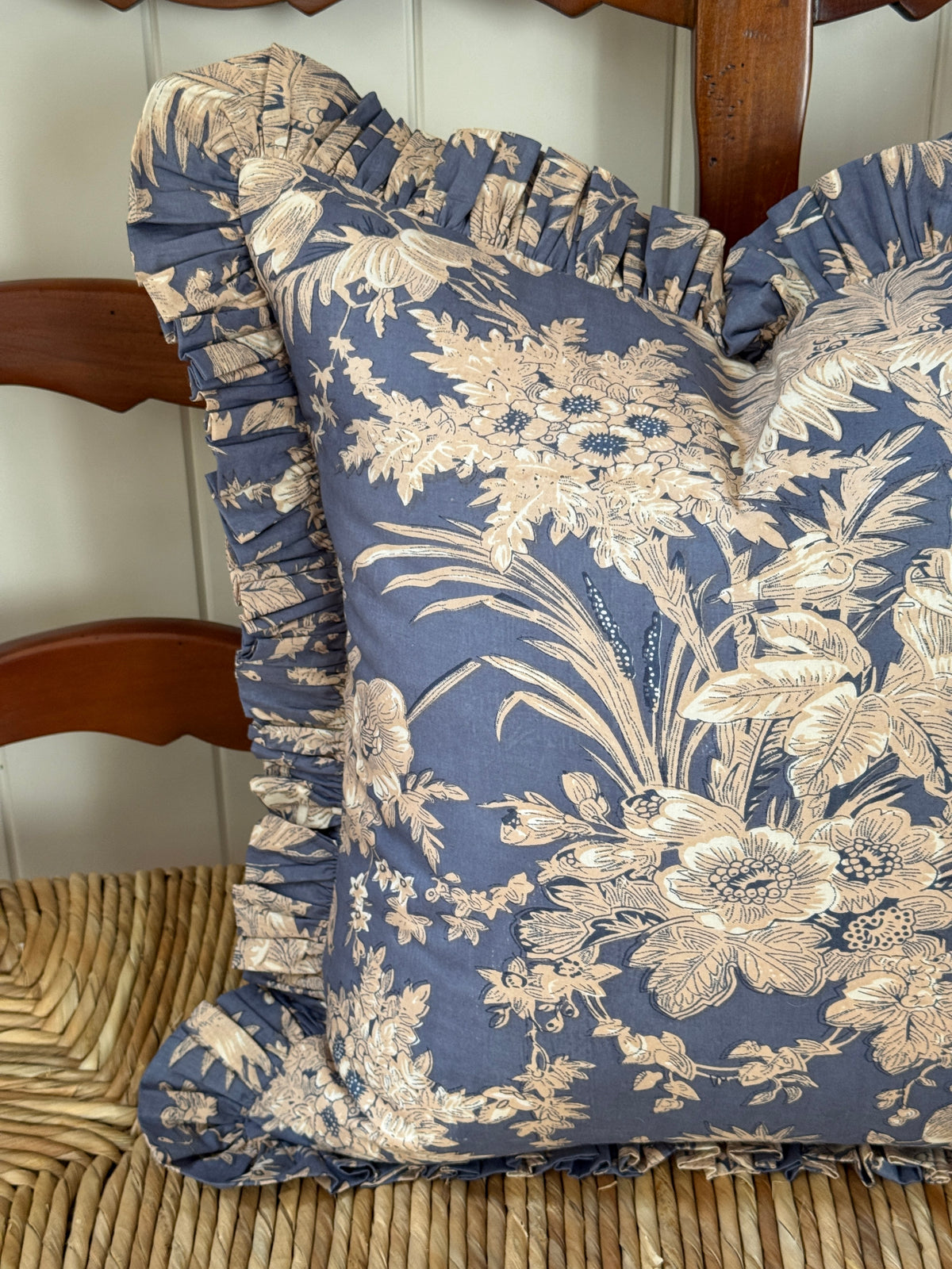 Blue floral toile pillow cover with ruffle trim