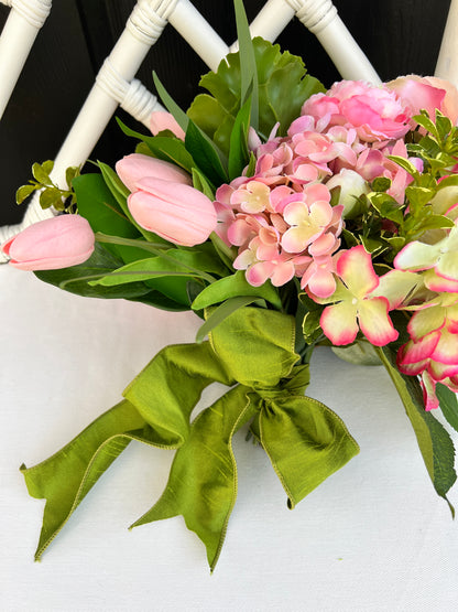 Faux flower drop-in bouquet arrangement, pink and green