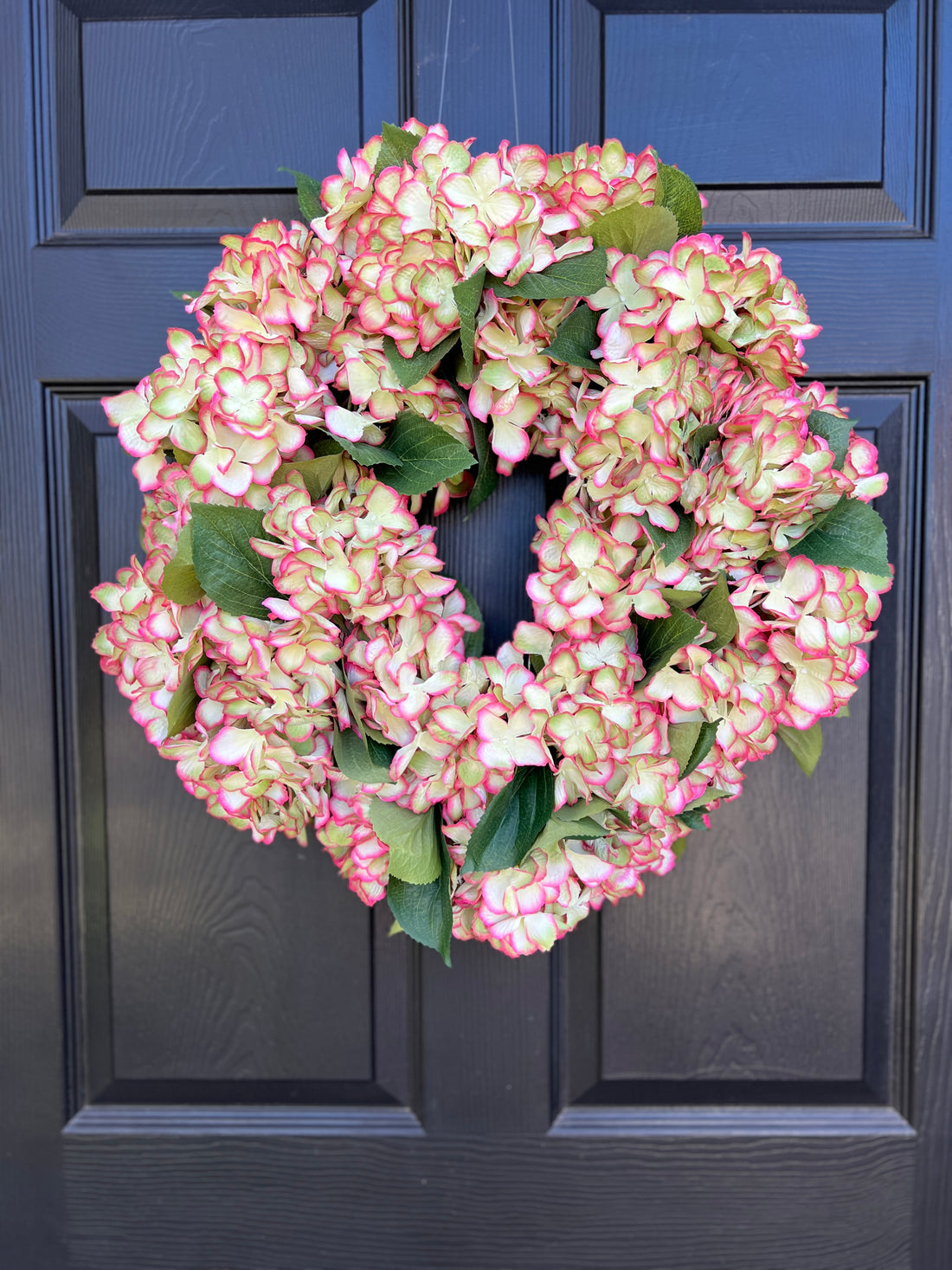 Green hydrangea wreath with optional pink striped ribbon, or coral gingham ribbon