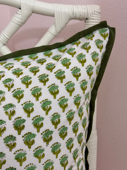 Moss green block print pillow cover with butterfly flange