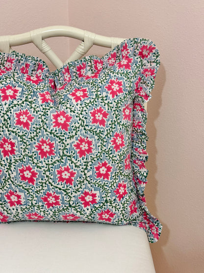 Pink blossom block print floral pillow cover