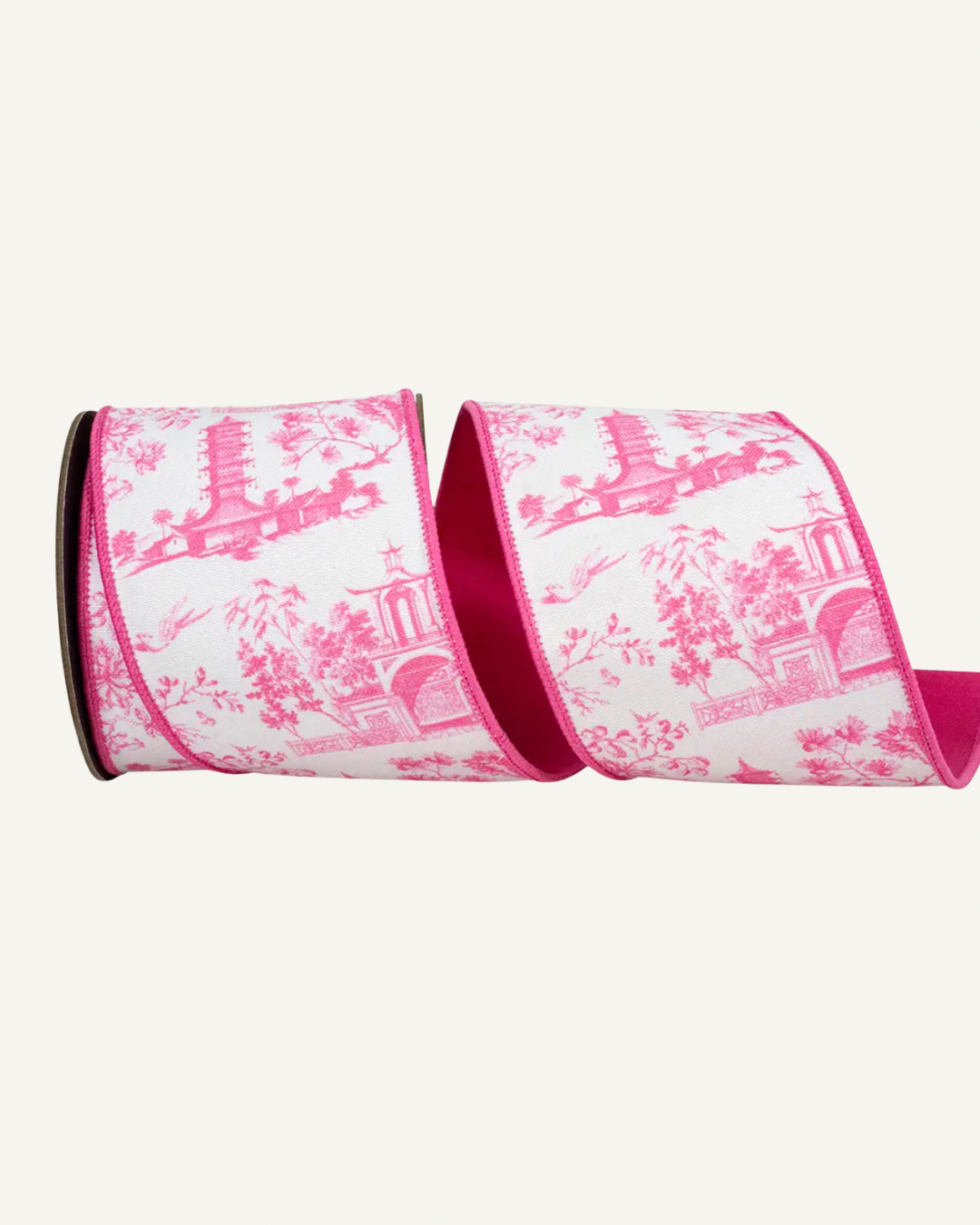 Pink and white chinoiserie ribbon by the roll, 4” wide by 5 yards