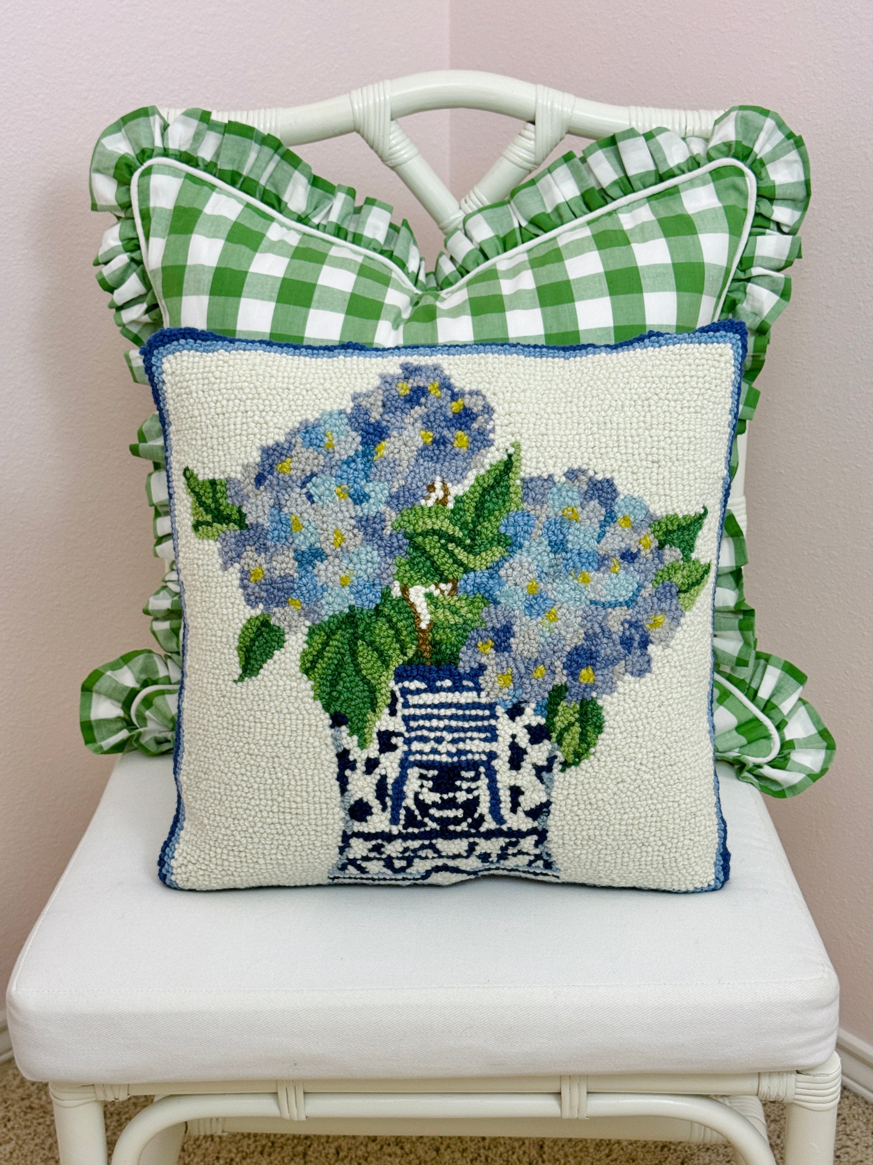 Chinoiserie hydrangeas 2 hand hooked pillow