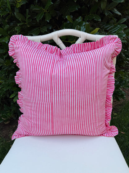 Pink and green floral trellis block print ruffle pillow cover with pink striped trim and back
