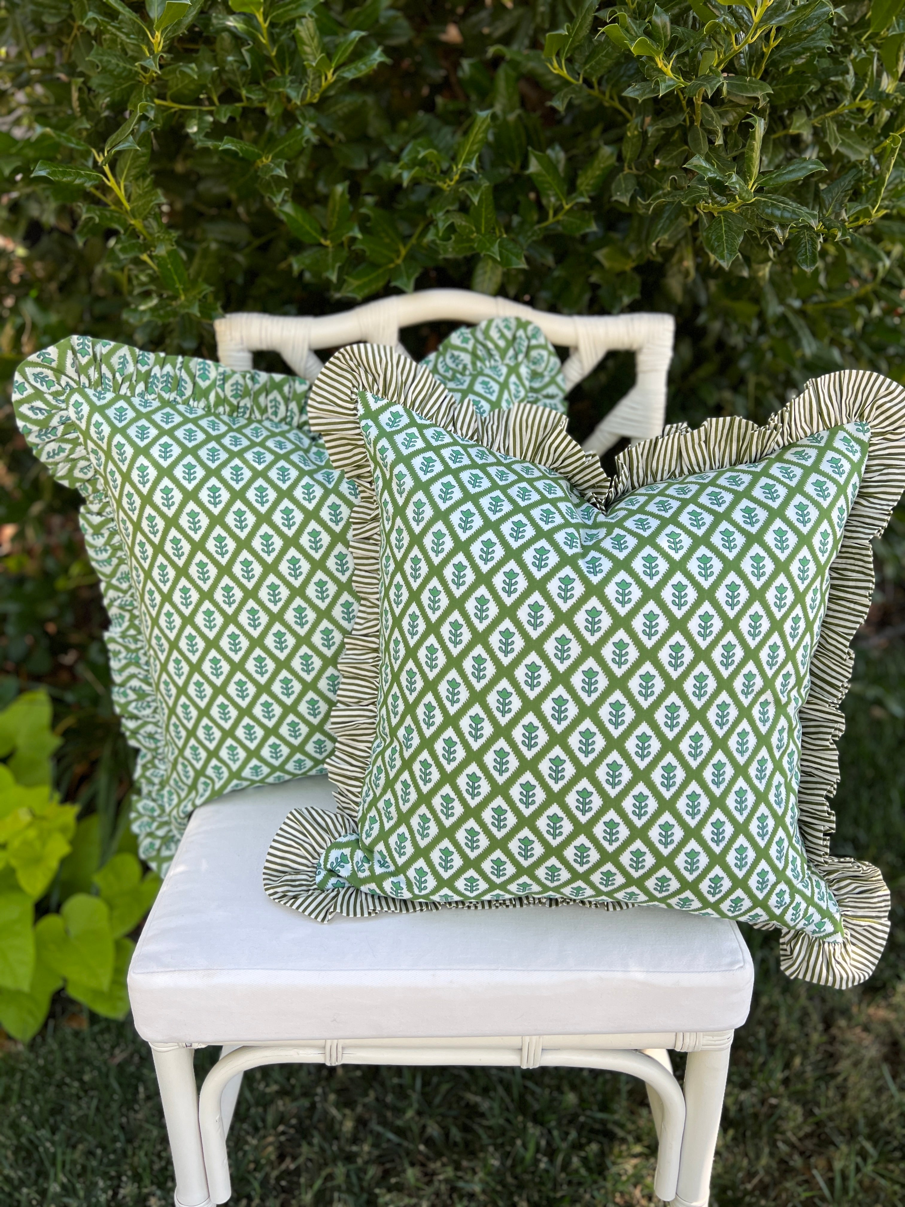 Yellow block print pillow cover with ruffle trim – Grace Harris Collection