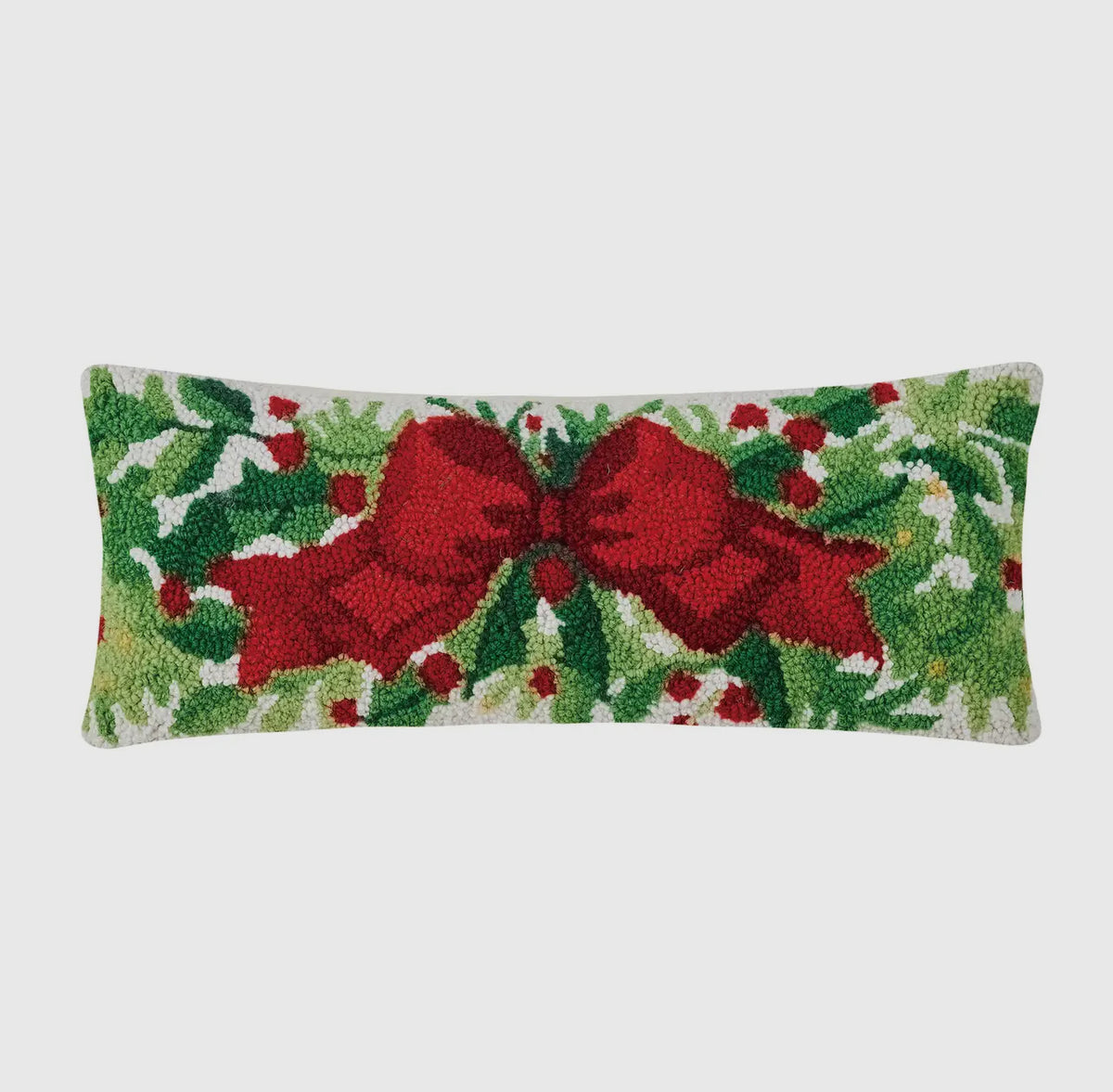 Red bow and greenery hand hooked lumbar pillow