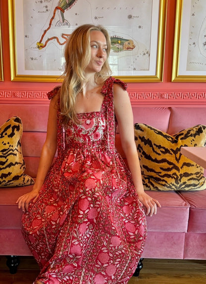 Lottie dress with tie shoulders in red and pink