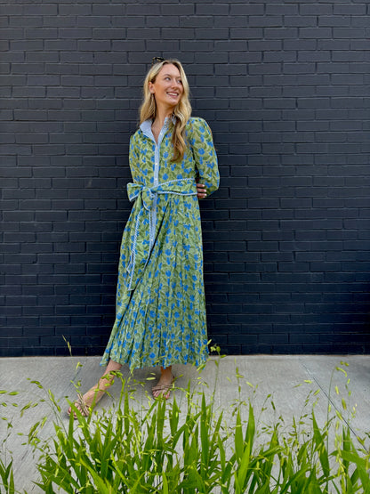 The Mary maxi shirtdress in green and blue freesia block print