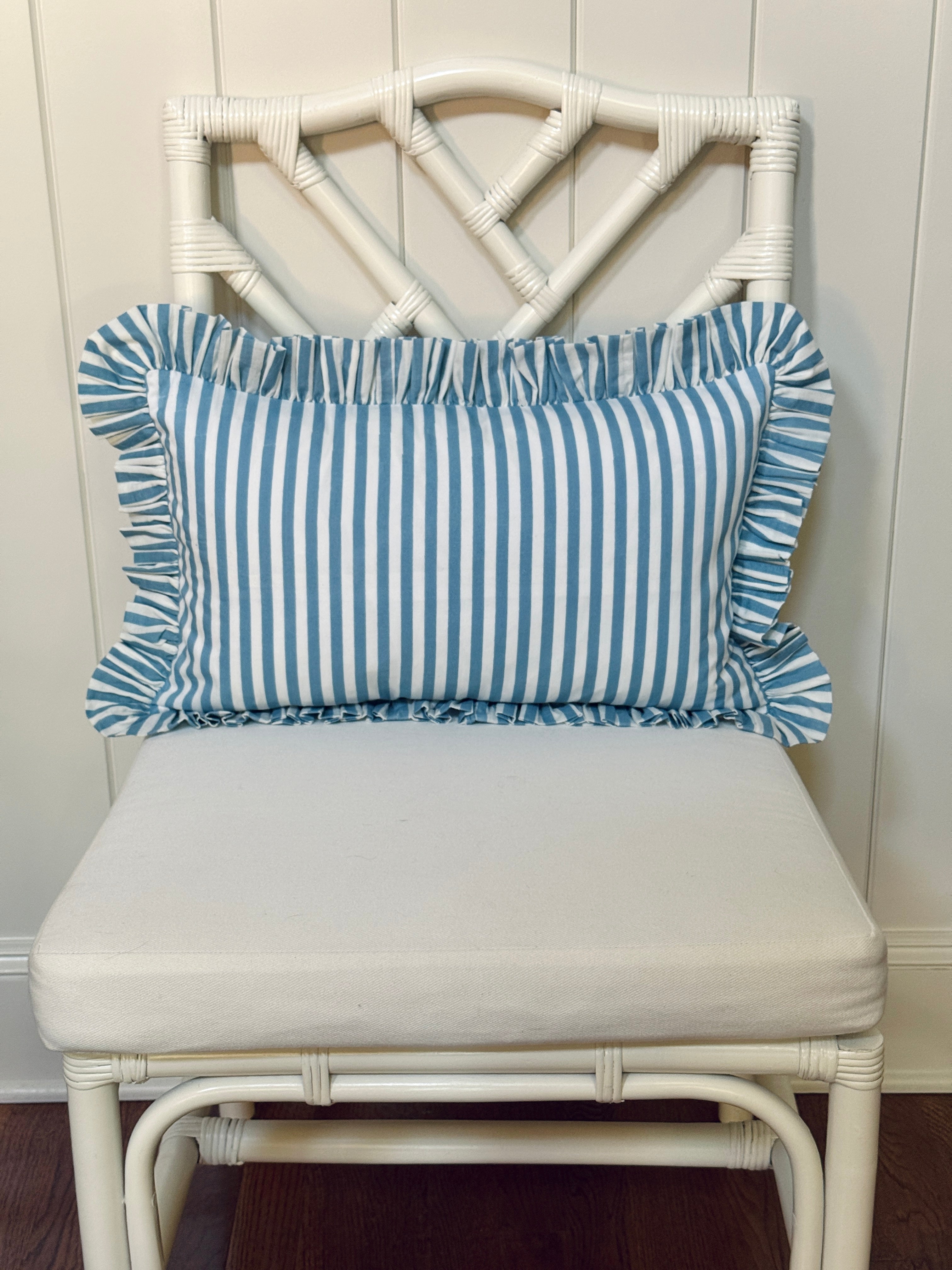 Hydrangea blue and white striped ruffle pillow cover