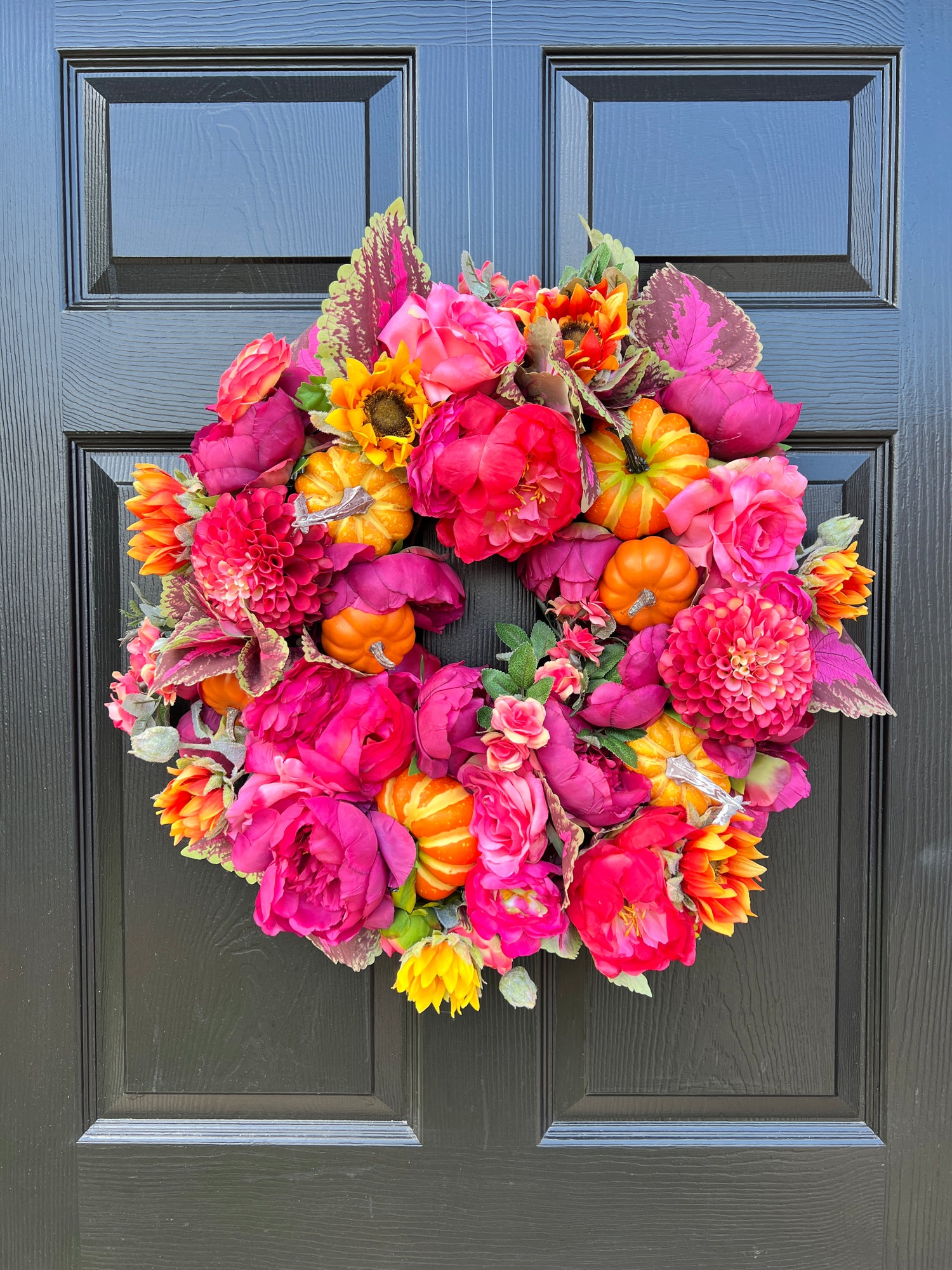 Pink and orange pumpkin Fall floral wreath