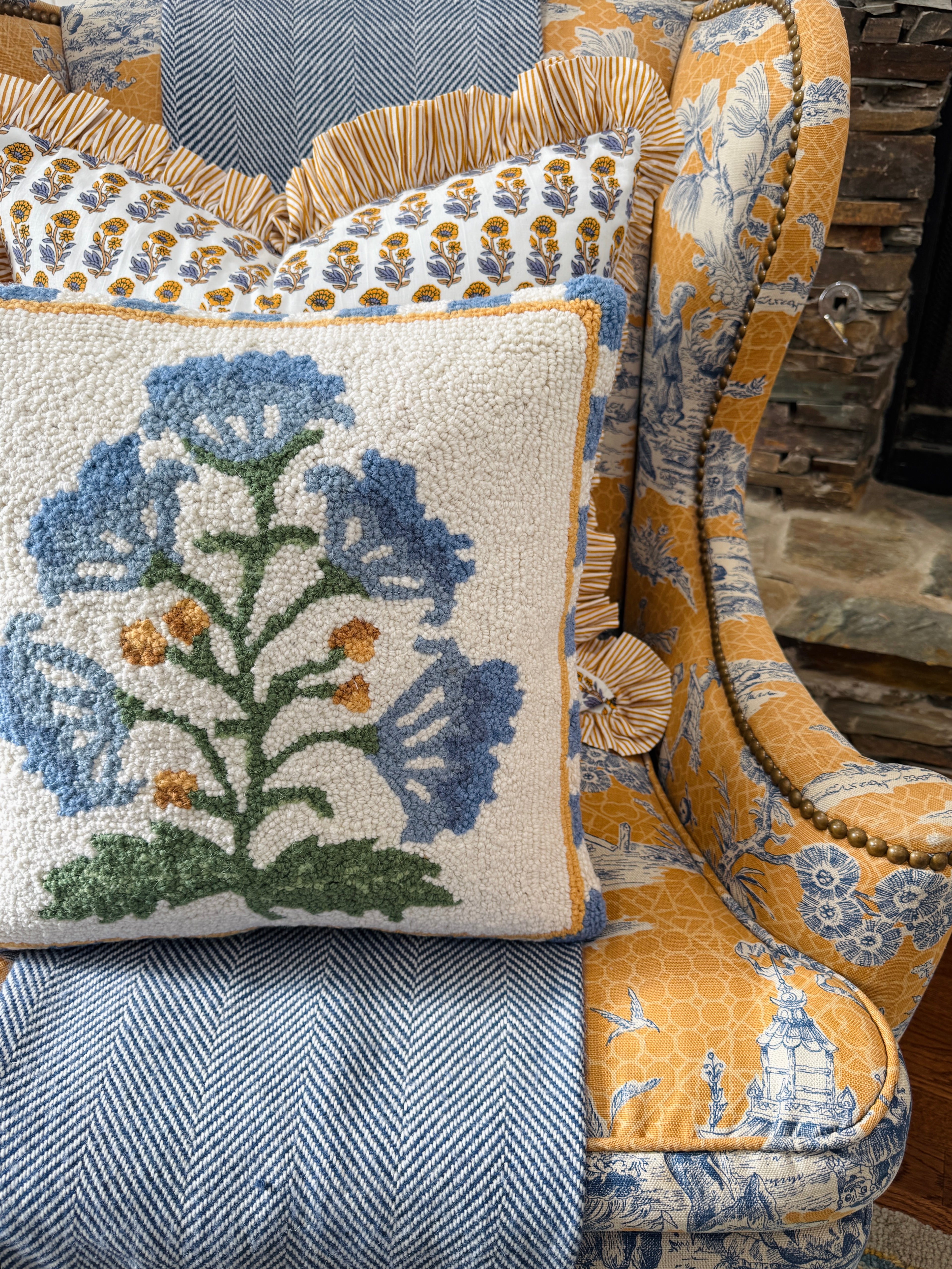 Mughal blue flower hand hooked pillow