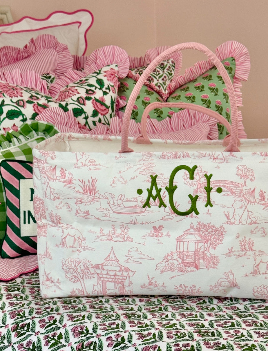 Canvas collapsible tote in pink and blue toile