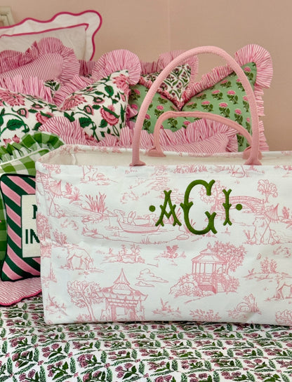Canvas collapsible tote in pink and blue toile