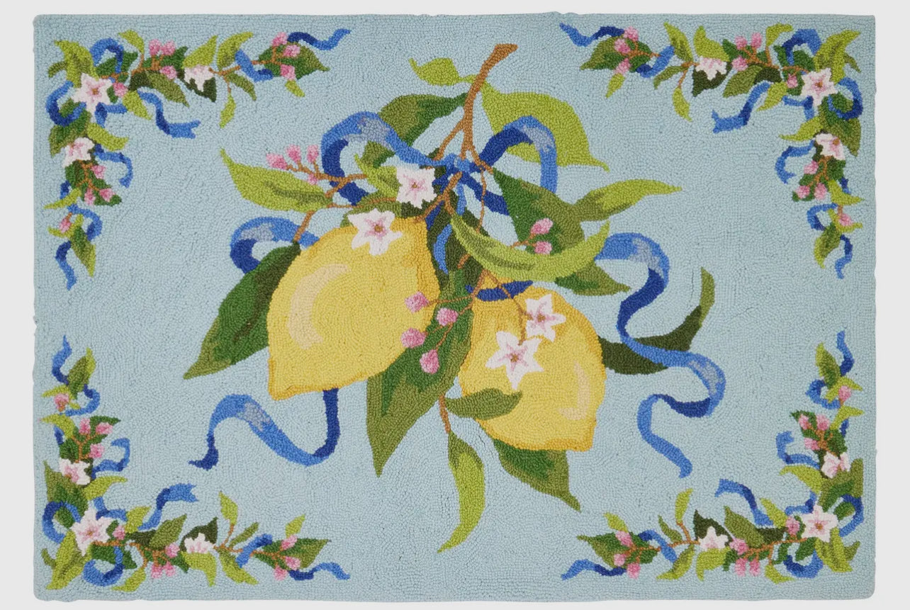 Lemons and ribbons hand hooked rug