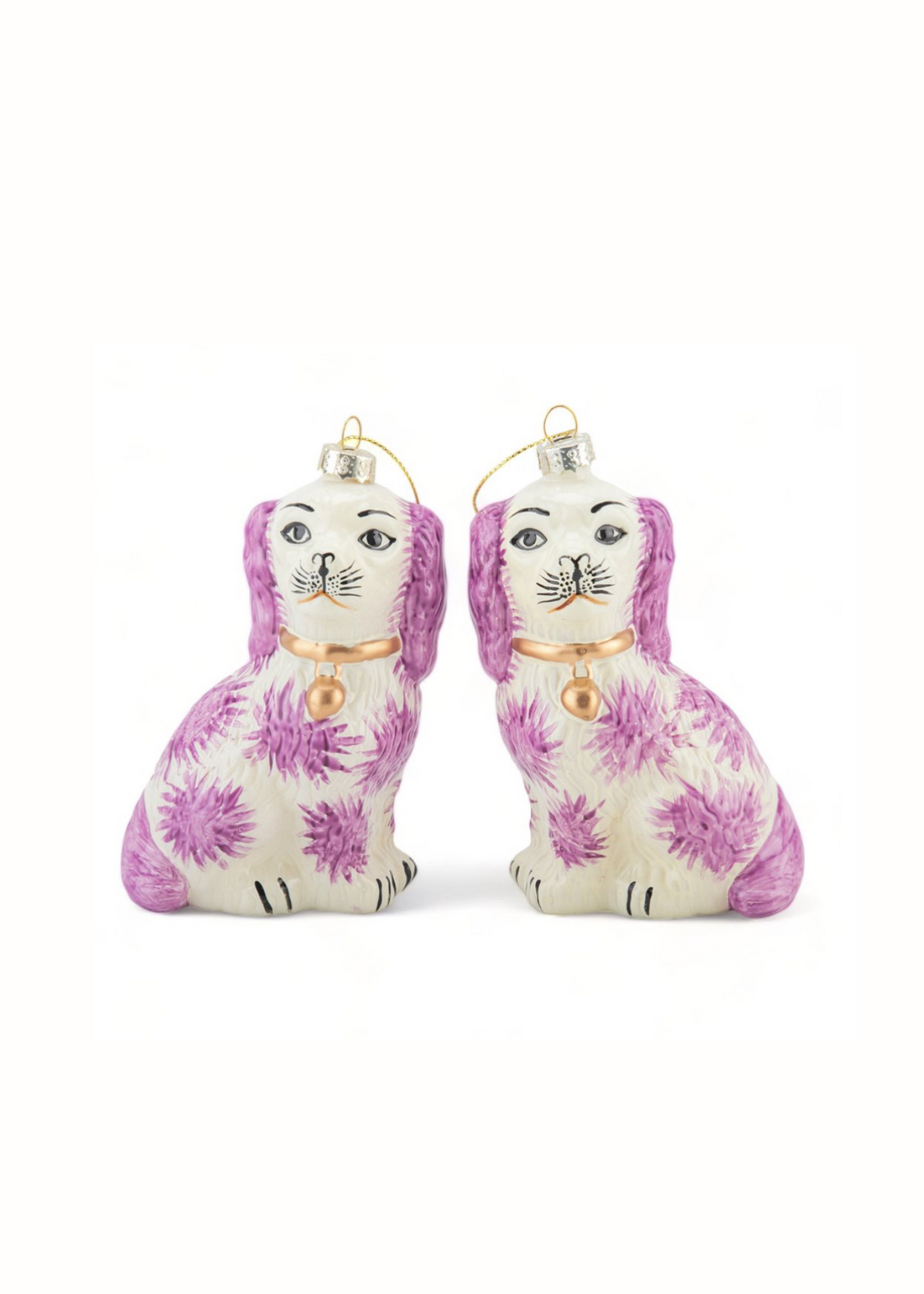 Glass Staffordshire dog ornament set of two, pink and white