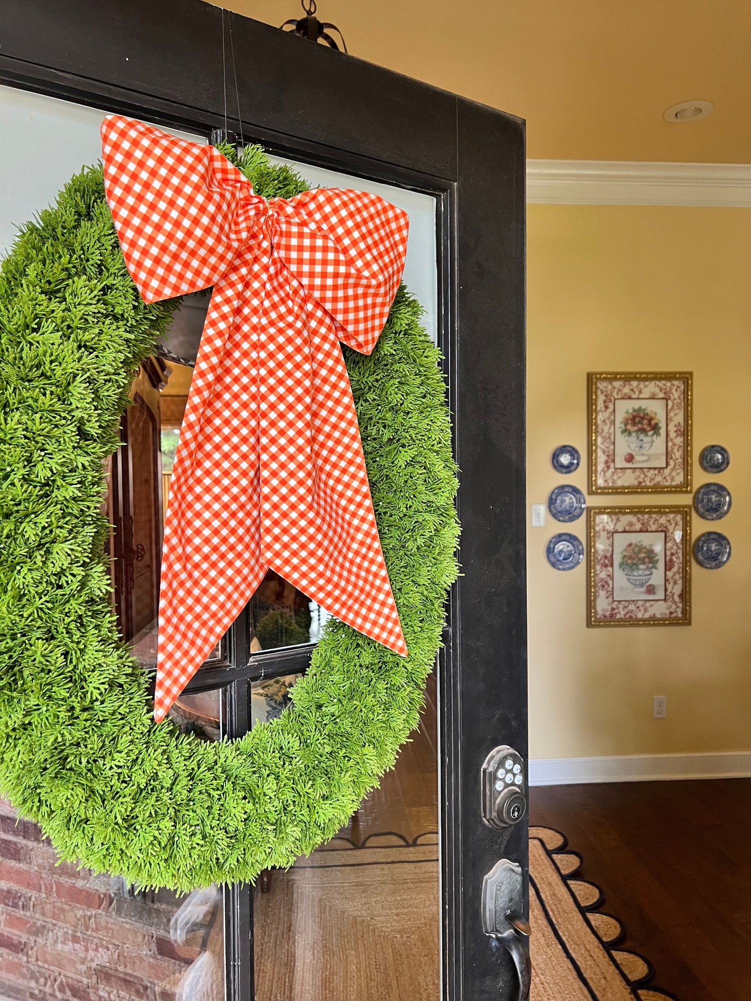 Orange and white gingham bias check Fall wreath sash,  embroidered monogram available