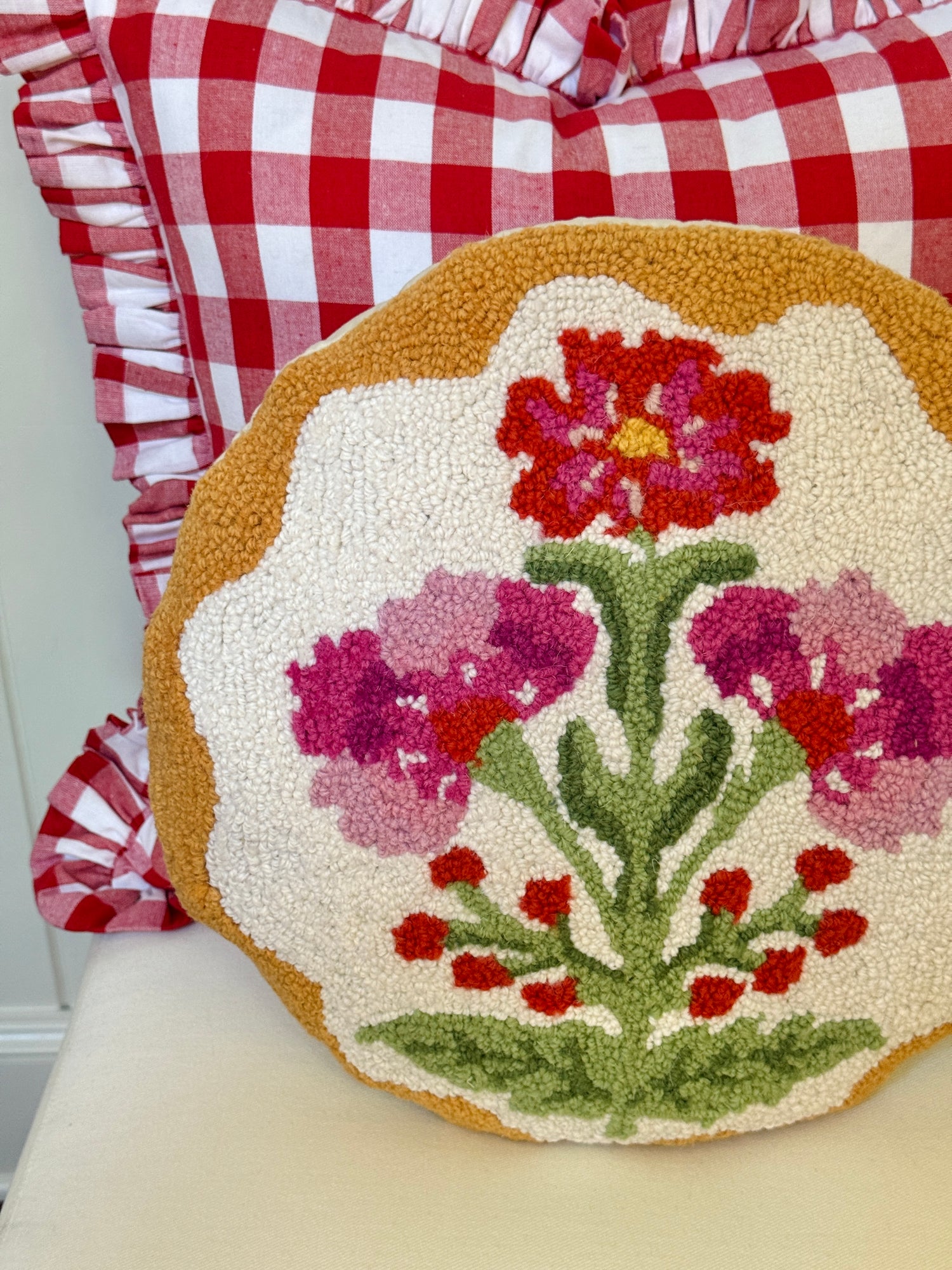 Mughal red and pink flower hand hooked pillow