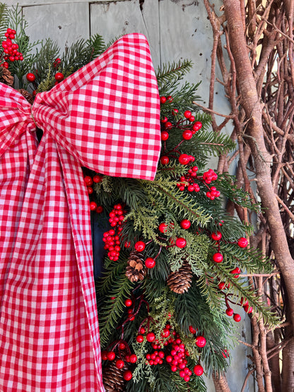 Red and white gingham wreath bow sash custom monogram available