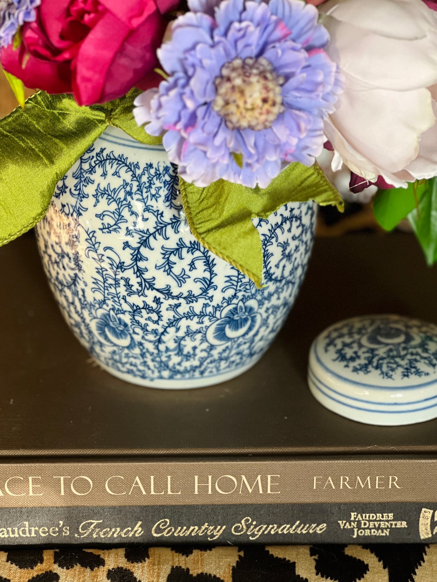 Blue and white Chinoiserie scrolling peony jar