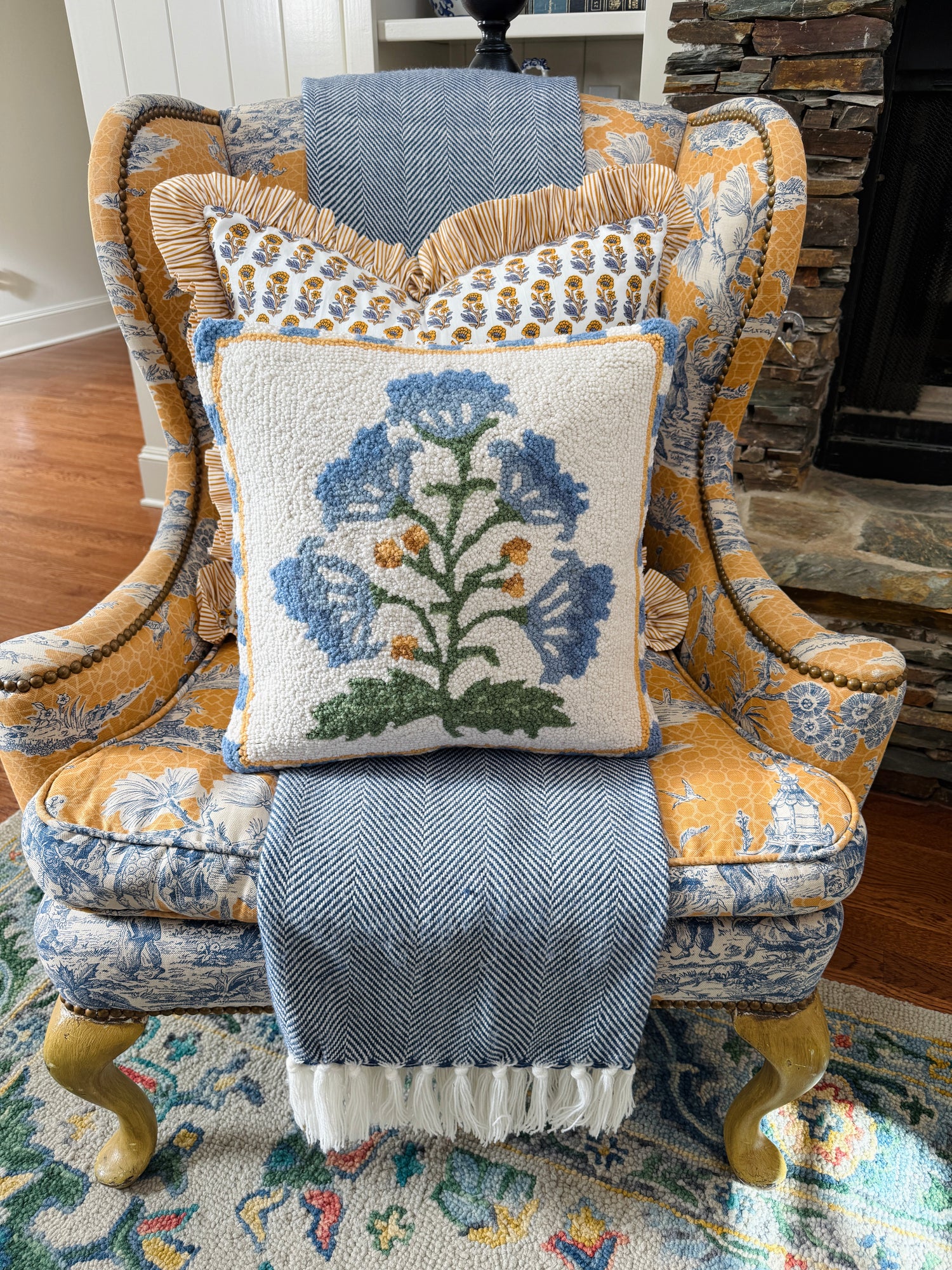 Mughal blue flower hand hooked pillow