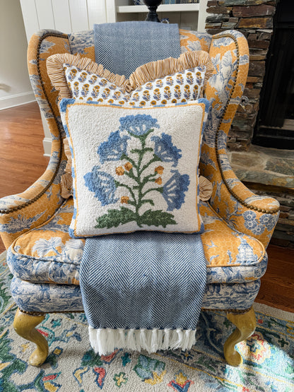 Mughal blue flower hand hooked pillow