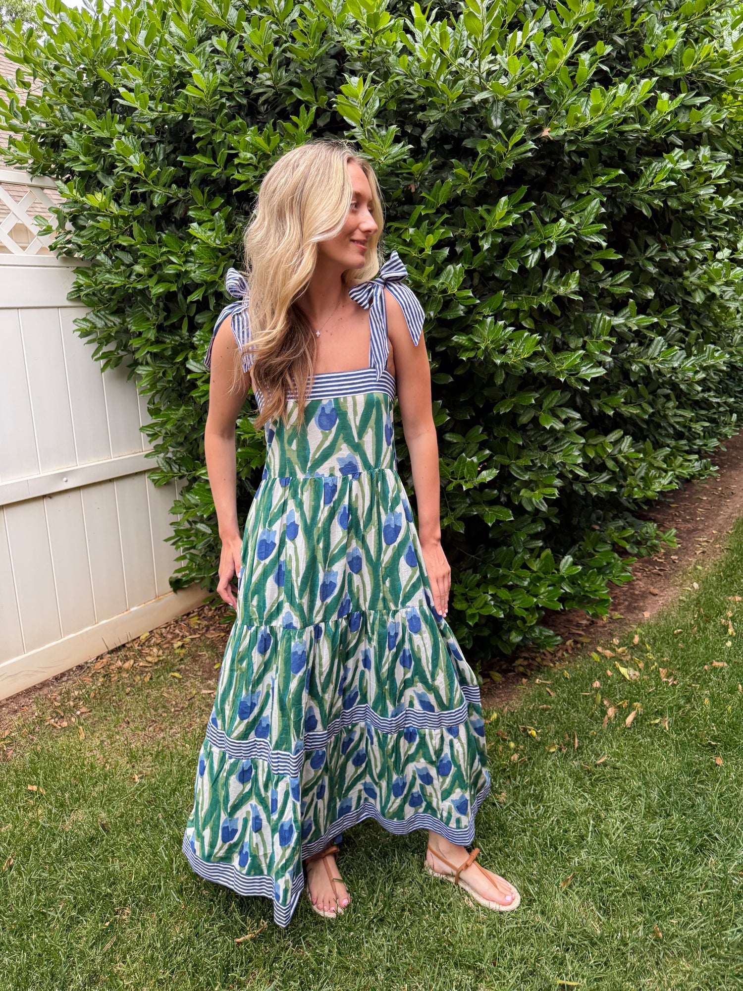 Maisie Maxi Dress in blue and green tulip block print Grace Harris Collection Maisie Maxi Dress in blue and green tulip block print Grace Harris Collection