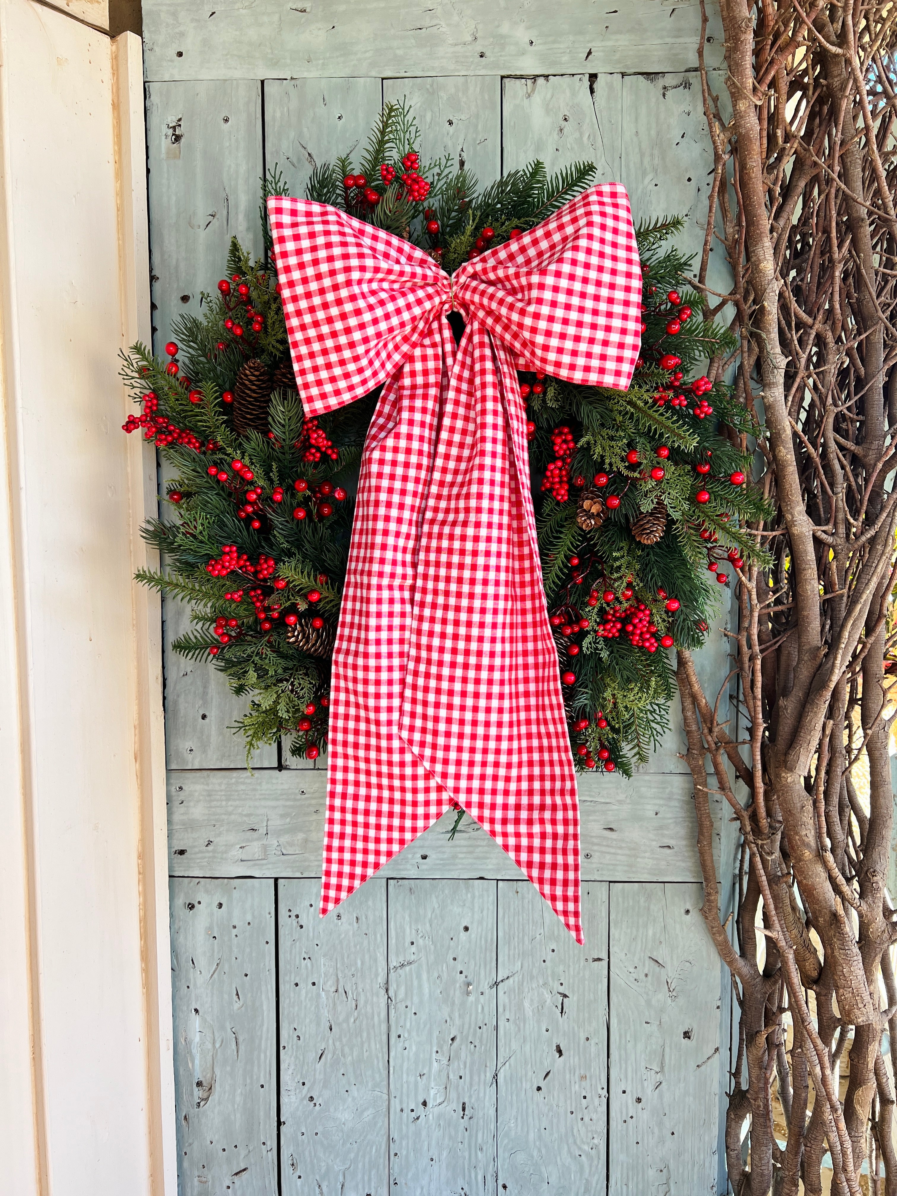 Red and white gingham wreath bow sash custom monogram available