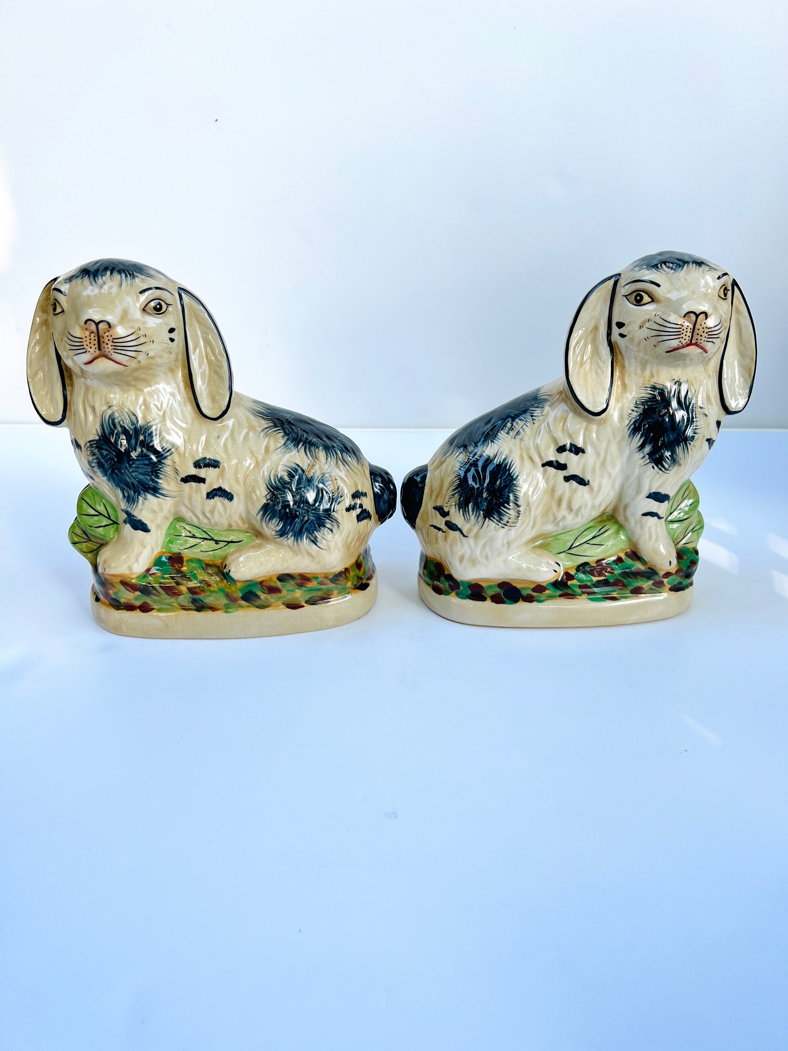 Staffordshire Pair deals of Blue & White Bunny Rabbits-6'' x 6.5''H