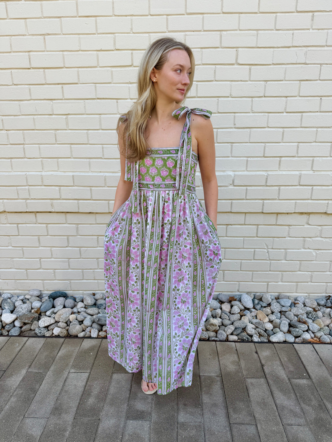 Lottie dress with tie shoulders in pink and green