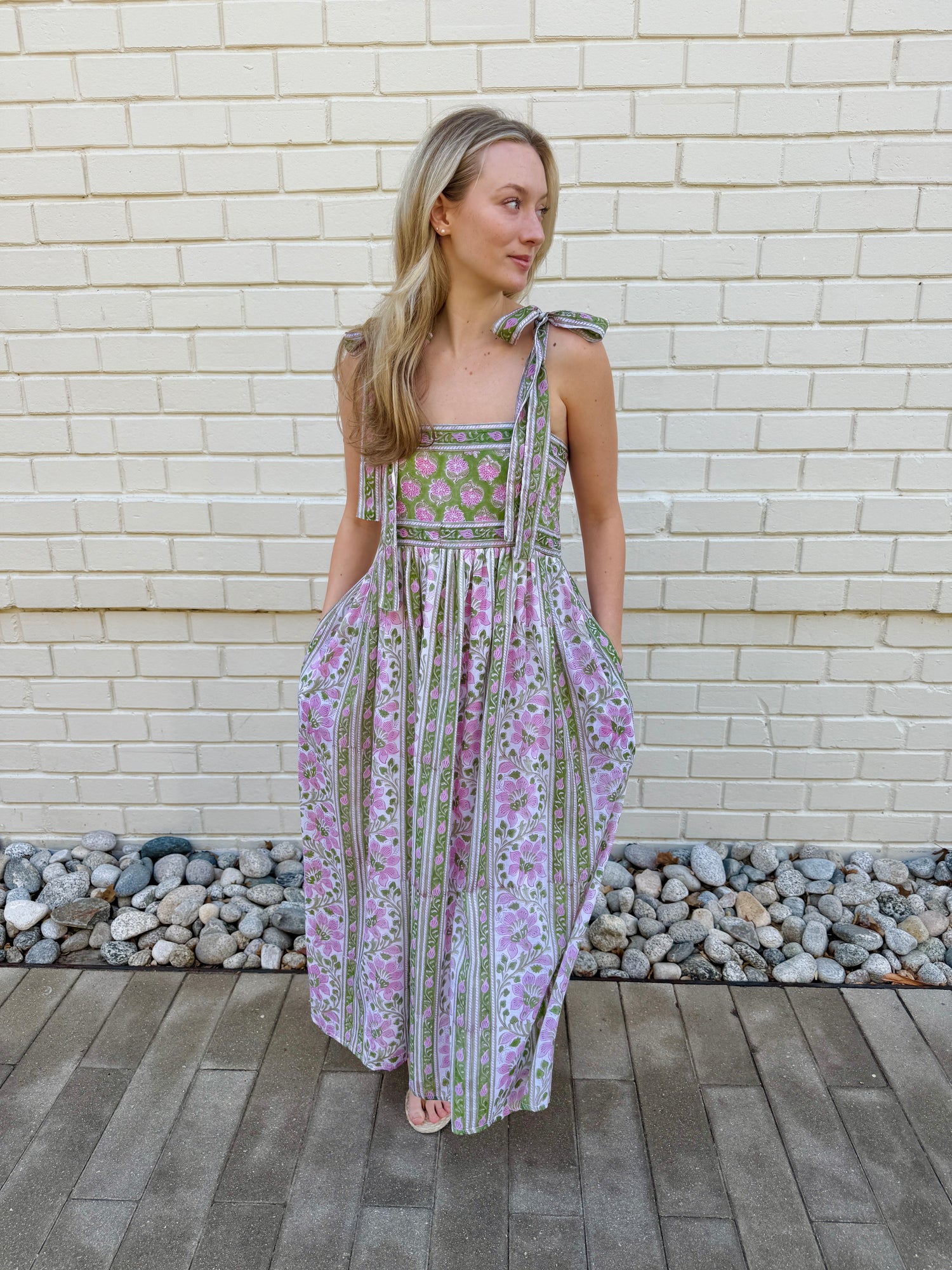 Lottie dress with tie shoulders in pink and green