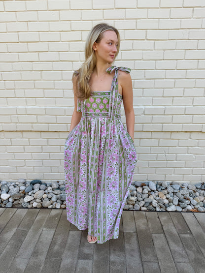 Lottie dress with tie shoulders in pink and green