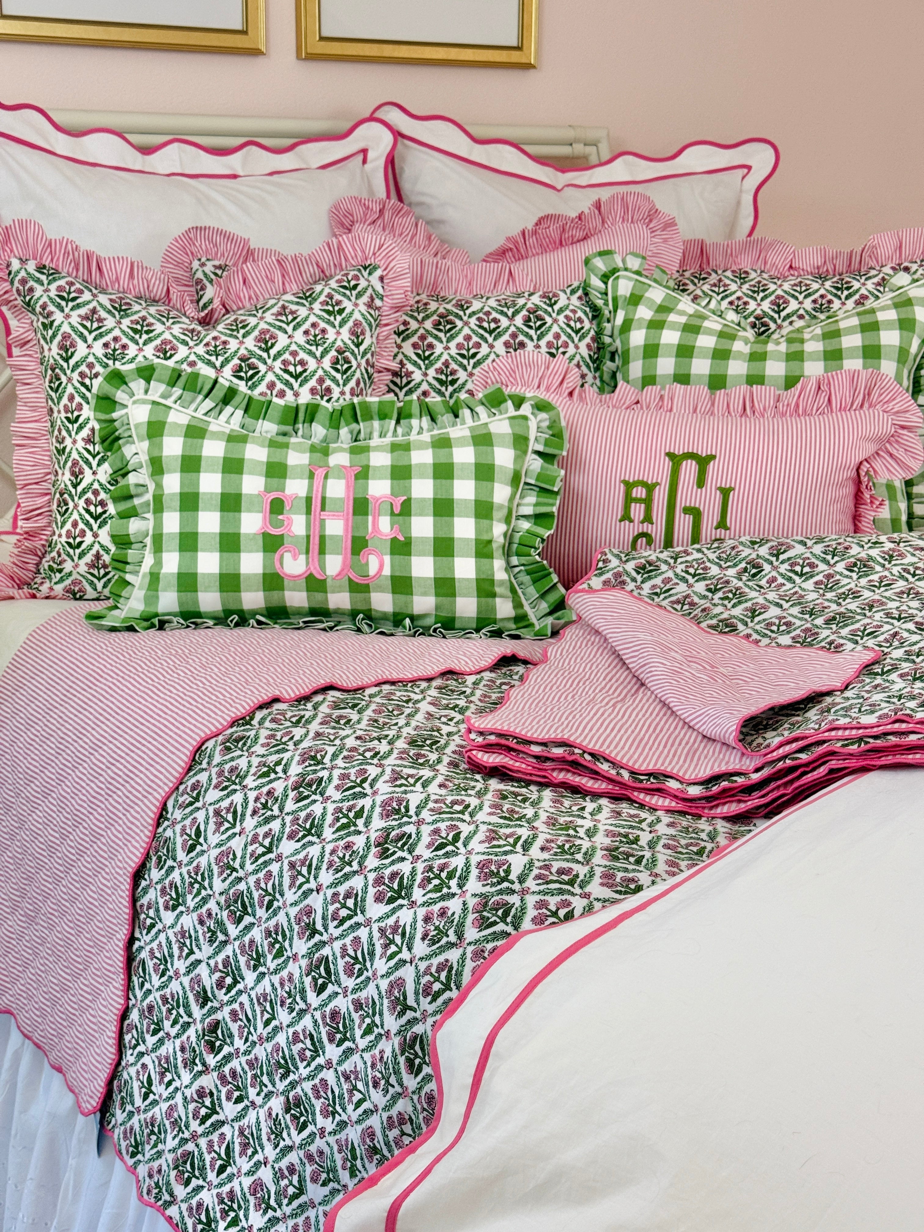 Pink and green floral trellis block print bedding collection