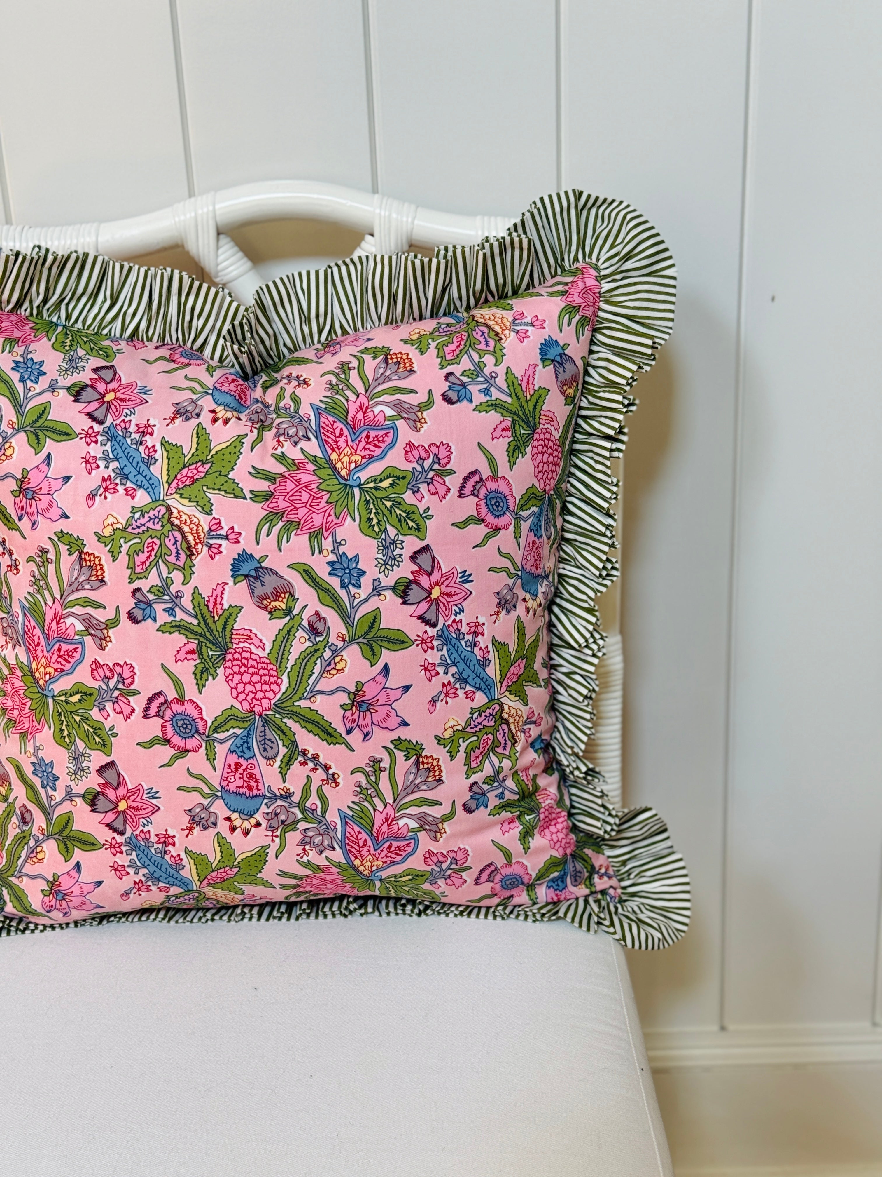 Gigi floral pillow cover with pink striped ruffle trim, 3 colors