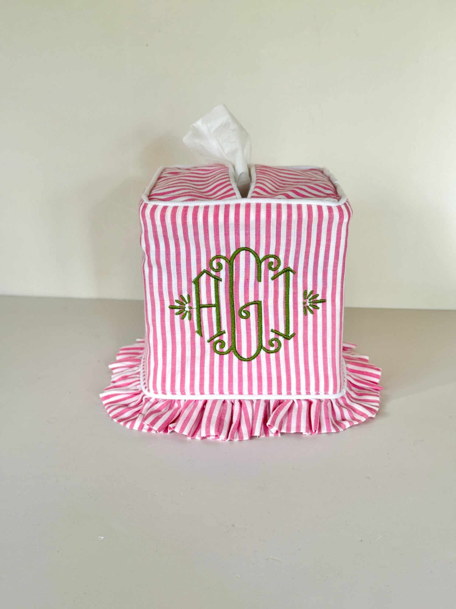 Pink and white stripe ruffle tissue cover, custom monogram available