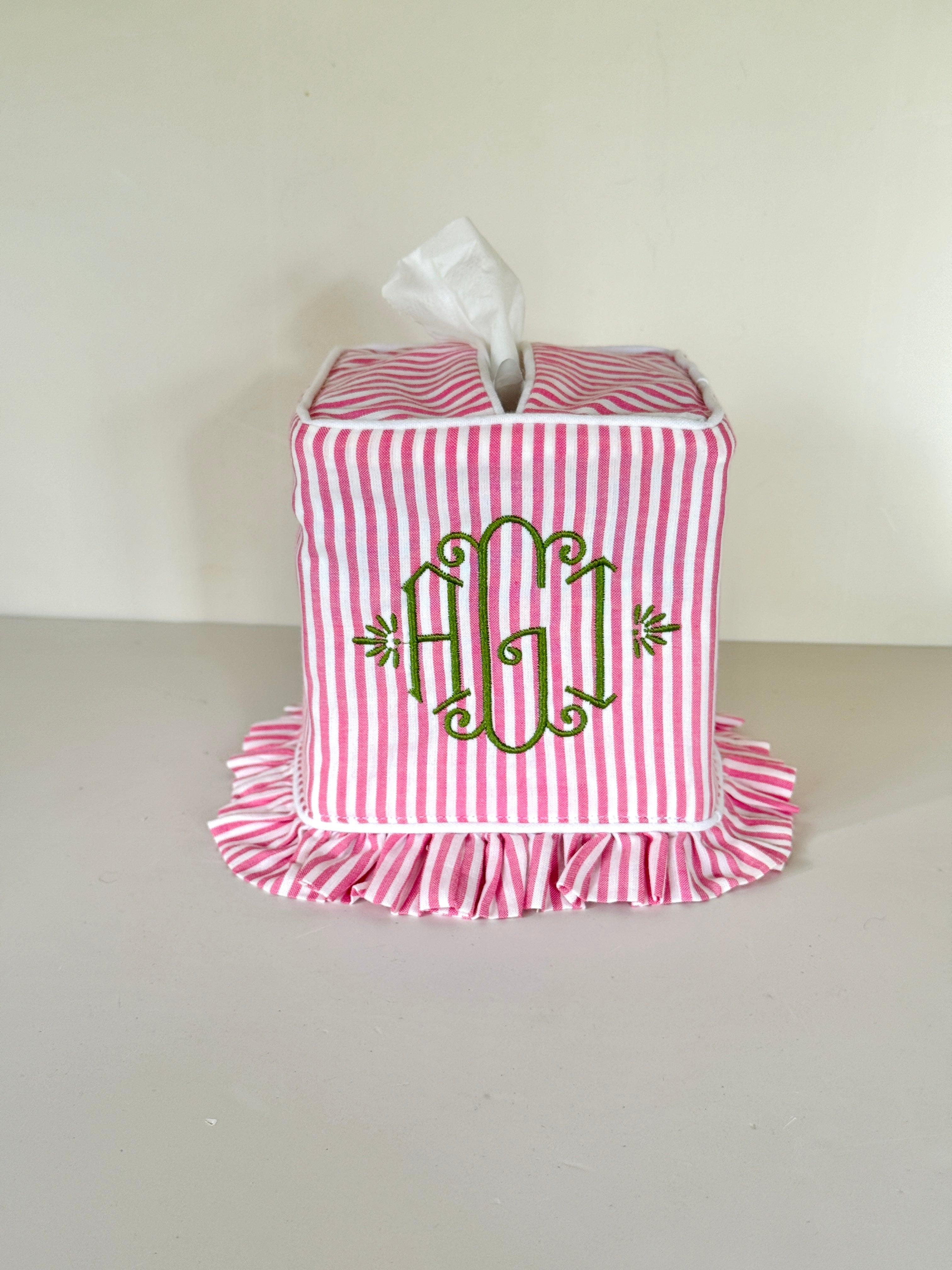 Pink and white stripe ruffle tissue cover, custom monogram available