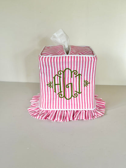Pink and white stripe ruffle tissue cover, custom monogram available