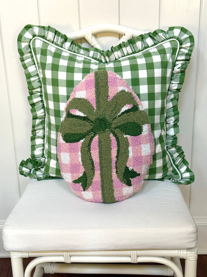 Pink gingham Easter egg hand hooked pillow