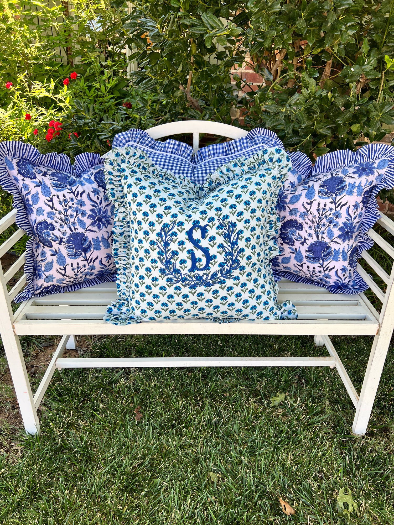 Blue and white block print floral ruffle pillow cover