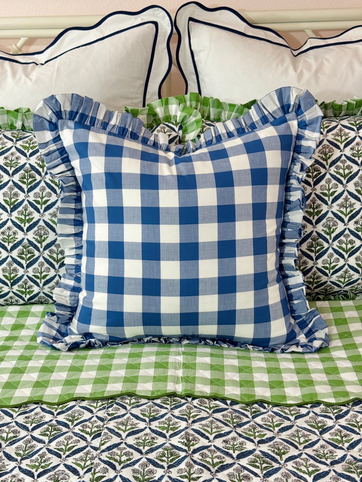 Blue buffalo check ruffle pillow cover
