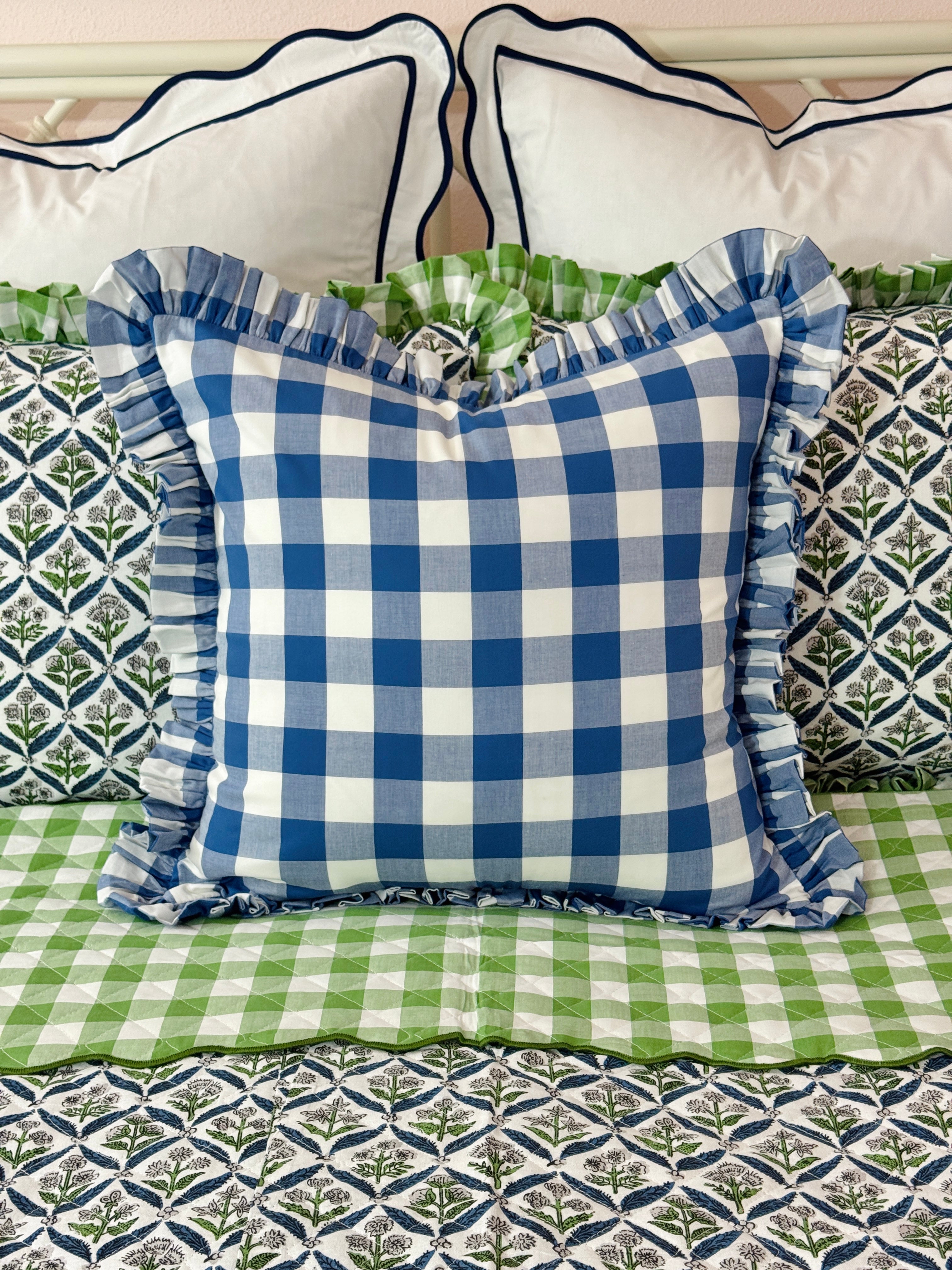 Blue buffalo check ruffle pillow cover