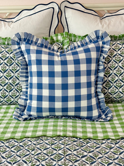 Blue buffalo check ruffle pillow cover