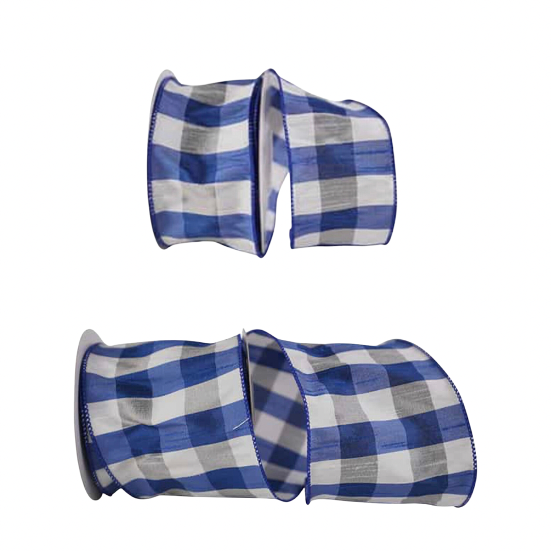 Royal blue check dupioni wired ribbon by the roll