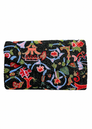 Hand beaded clutch handbag, black chinoiserie pattern main image 0