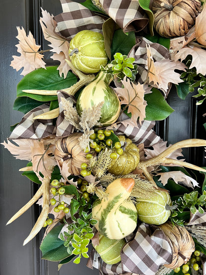 Pumpkin, gourd, and antler Fall wreath