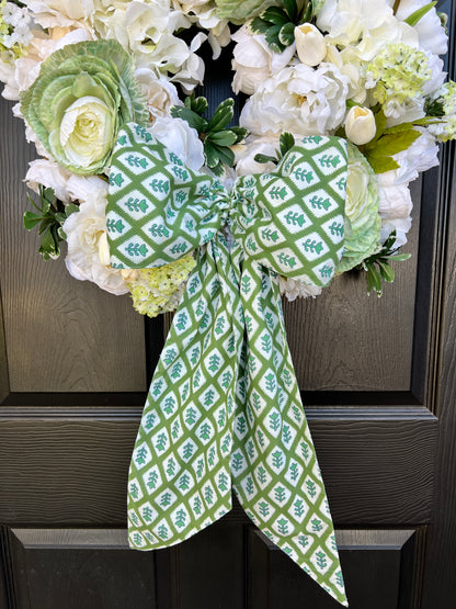 White floral and green cabbage wreath 22”