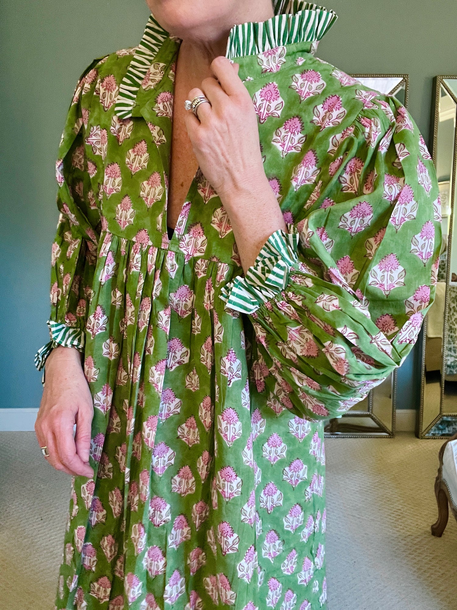 Lillie caftan maxi dress green block print Lillie caftan maxi dress green block print
