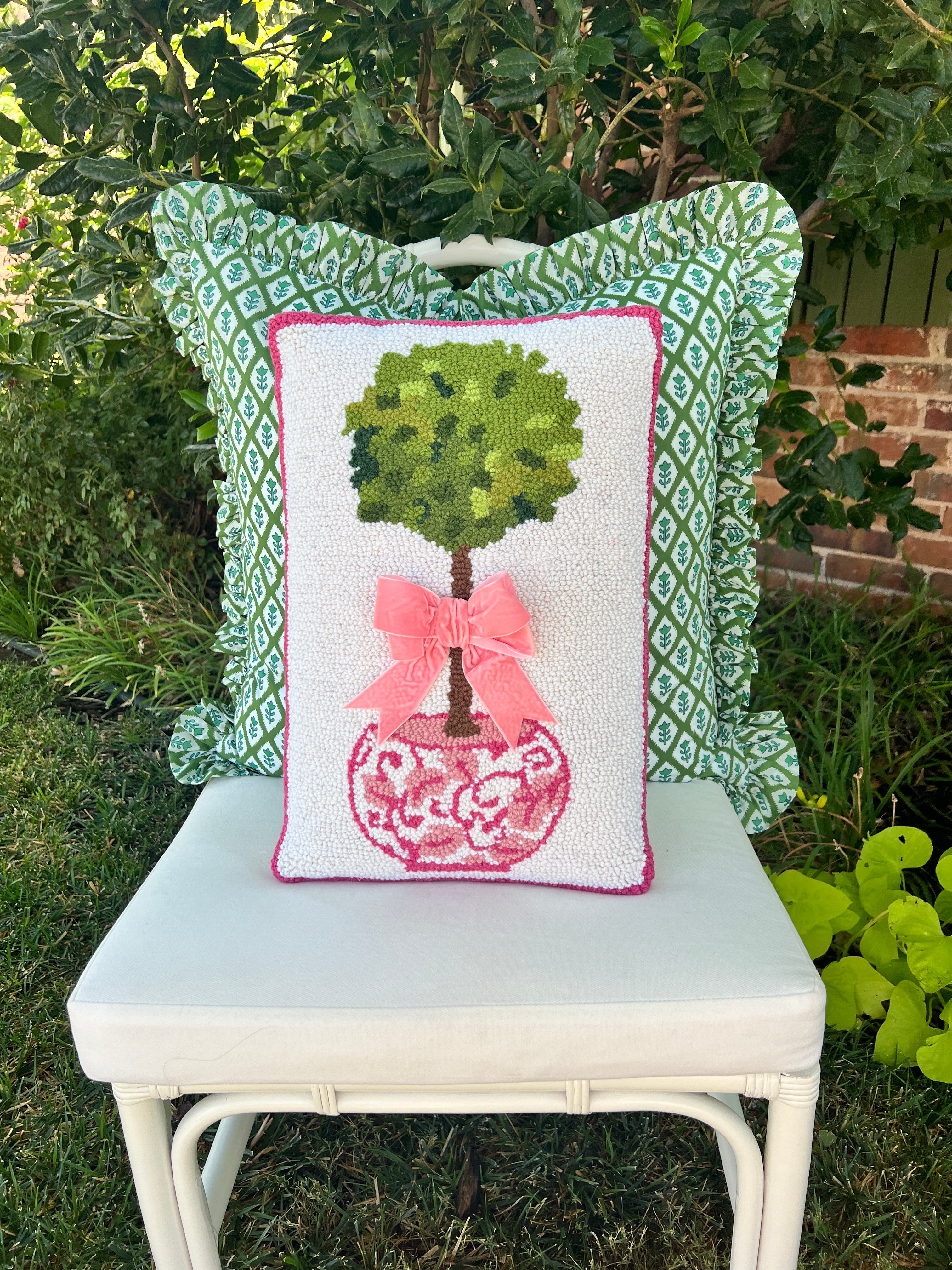 Pink chinoiserie hooked wool topiary pillow