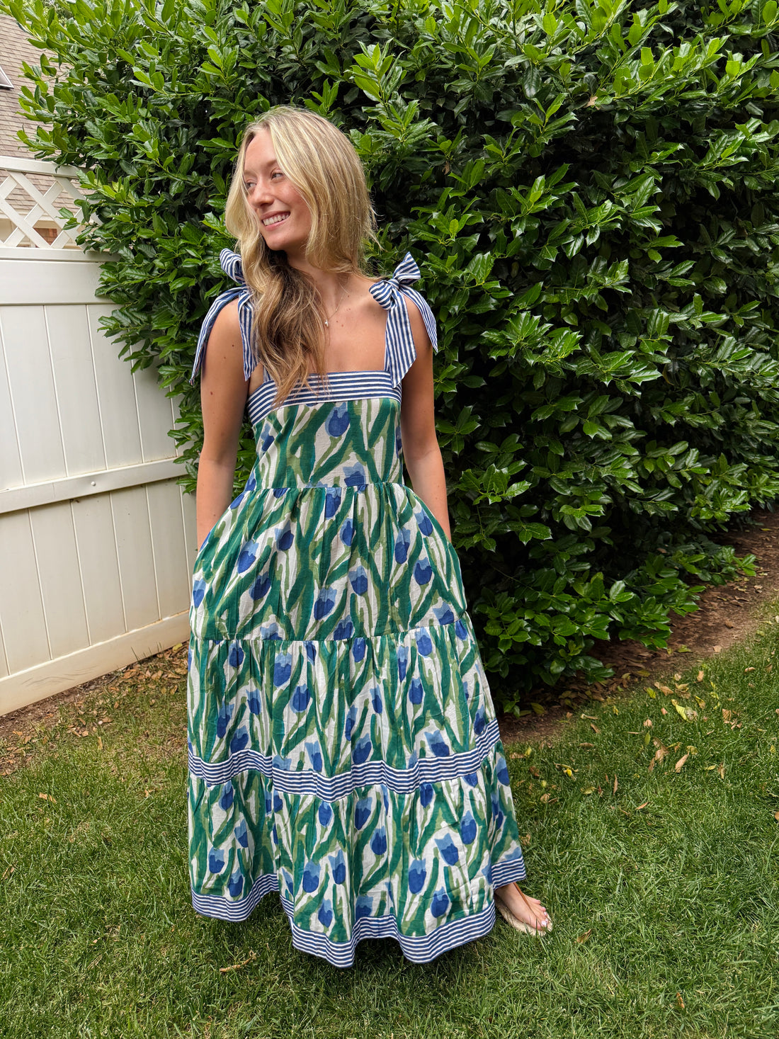 Maisie Maxi Dress in blue and green tulip block print
