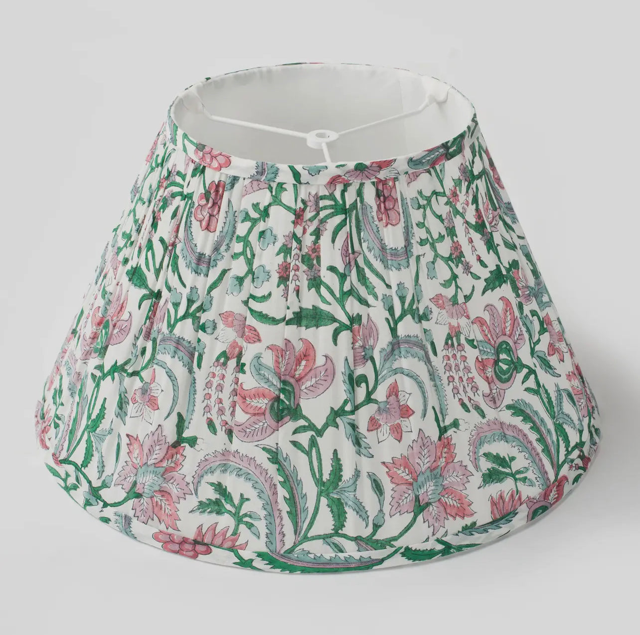 Gathered printed lampshades, pink and green floral